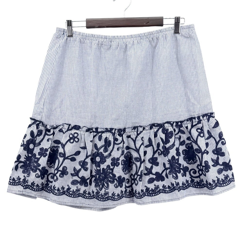 Melissa Paige Skirt‎ Womens Petite LG Blue White Striped Floral Embroidered